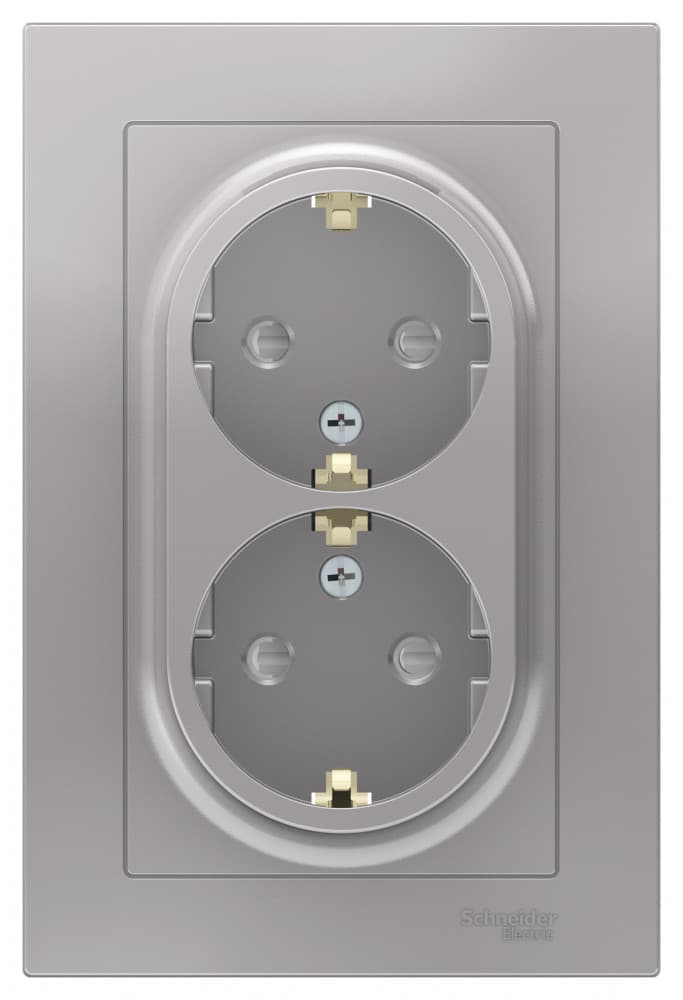 Systeme Electric AtlasDesign Алюминий Розетка с/з двойная, со шторками, 16А, в сборе