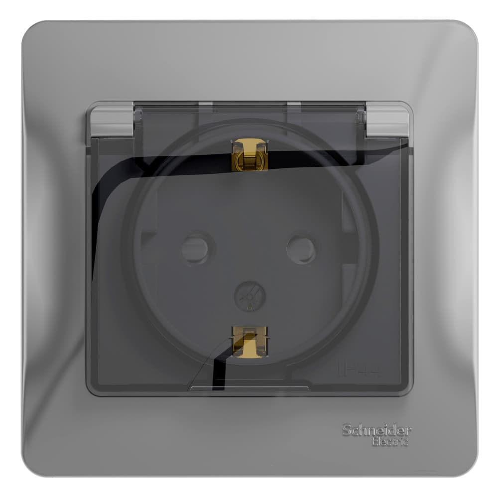 Systeme Electric Glossa Алюминий Розетка с/з со шторками с крышкой, IP44 (в сборе с рамкой)