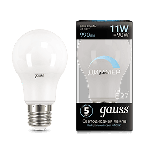 Gauss Лампа A60 11W 990lm 4100К E27 диммируемая LED 102502211-D