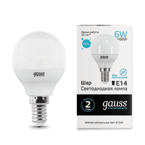 Gauss Лампа Elementary Шар 6W 450lm 4100K Е14 LED 53126