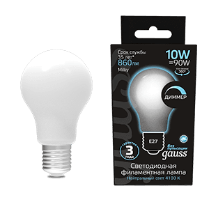 Gauss Лампа Filament А60 10W 860lm 4100К Е27 milky диммируемая LED 102202210-D