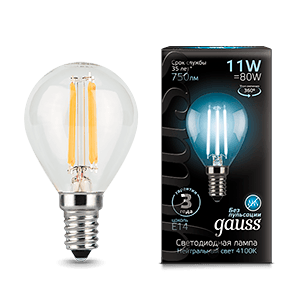 Gauss Лампа Filament Шар 11W 750lm 4100К Е14 LED 105801211