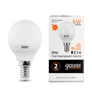 Gauss Лампа Elementary Шар 6W 420lm 3000K Е14 LED 53116