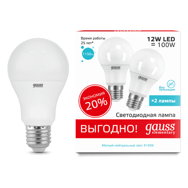 Gauss Лампа Elementary A60 12W 4100K E27 (2 лампы в упаковке) LED 1/50 23222P