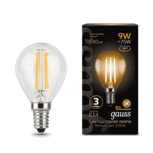 Gauss Лампа Filament Шар 9W 680lm 2700К Е14 LED 105801109
