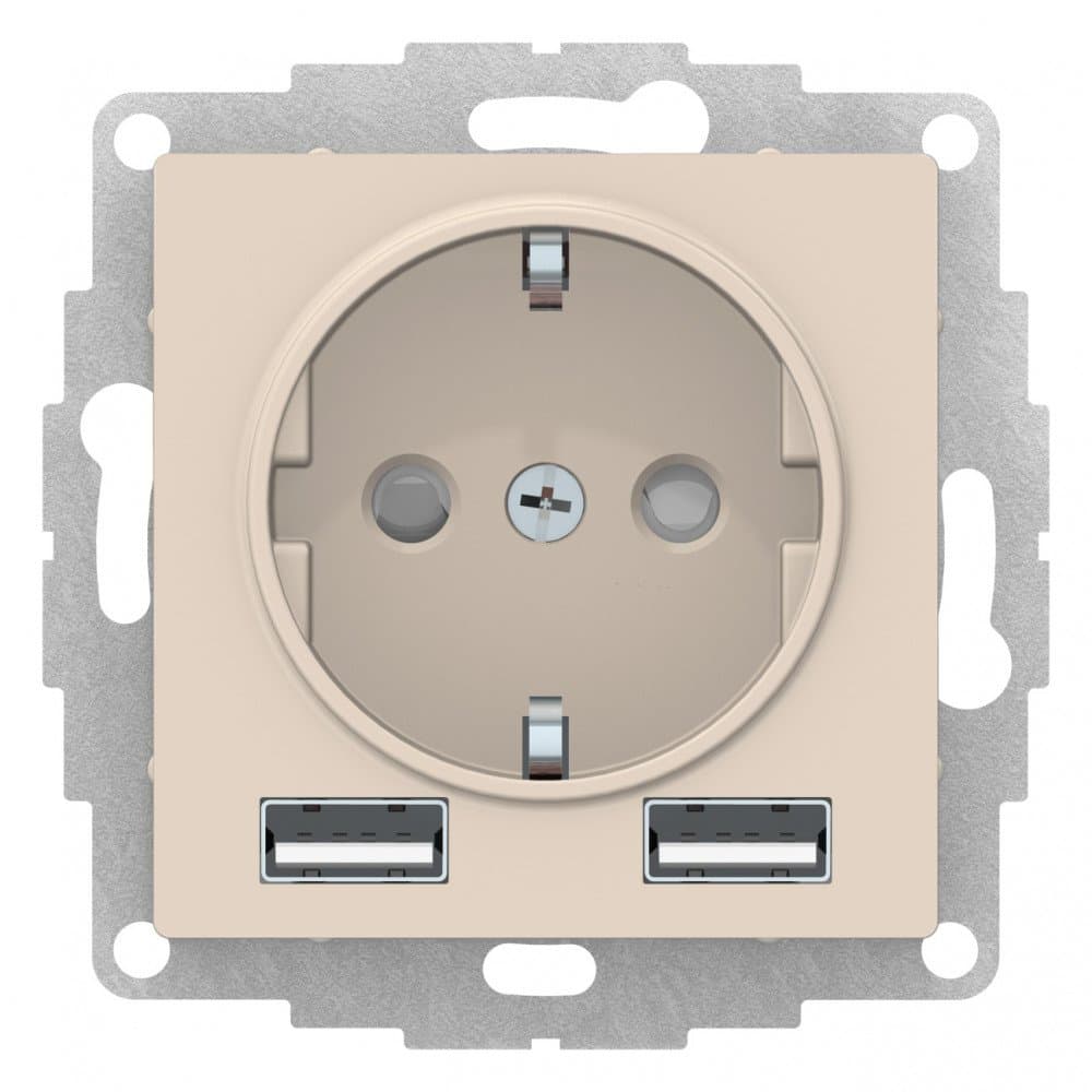 Systeme Electric AtlasDesign Бежевый SO + USB Розетка A+A, 5В/2,4А, 2х5В/1,2А, механизм