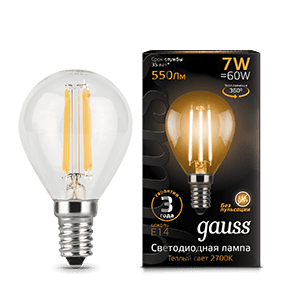 Gauss Лампа Filament Шар 7W 550lm 2700К Е14 LED 105801107