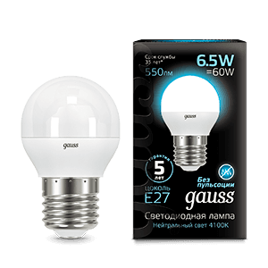 Gauss Лампа Шар 6.5W 550lm 4100K E27 LED 105102207