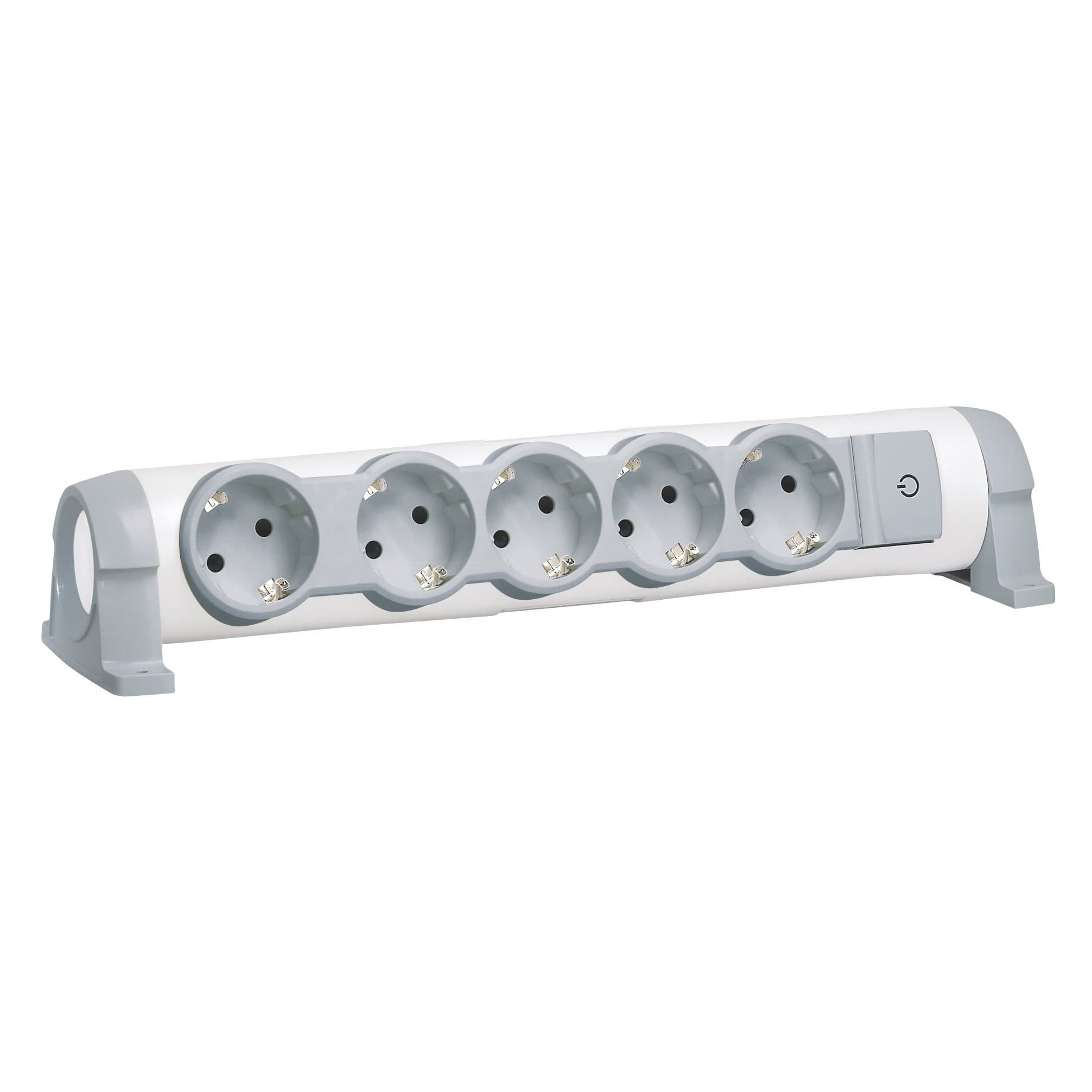 Legrand Комфорт Бело-серый Удлинитель 5x2К+З с выкл., без кабеля, фиксир. поворотный блок, возможно крепление к стене 694634