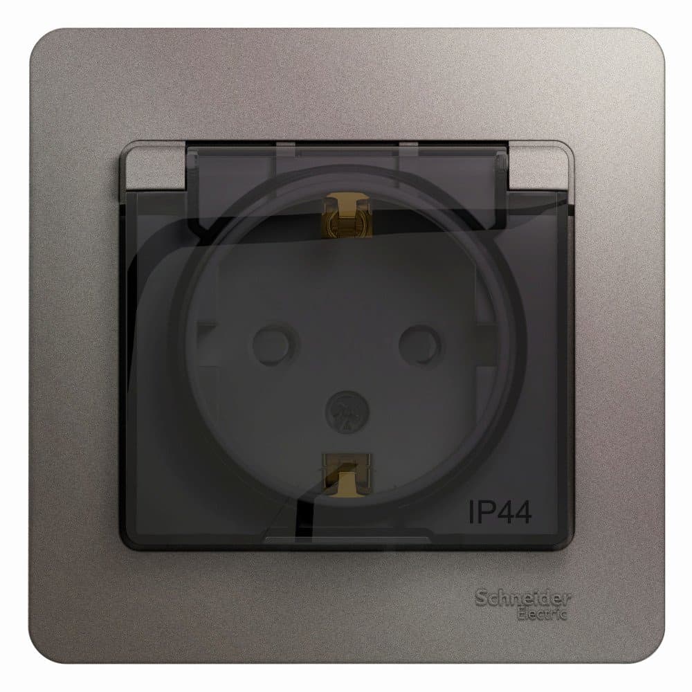 Systeme Electric Glossa Платина Розетка с/з со шторками с крышкой IP44 (в сборе)