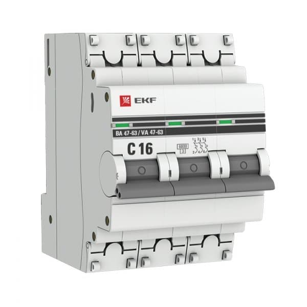 EKF PROxima ВА 47-63 Автоматический выключатель (С) 3P 16А 6кА mcb4763-6-3-16C-pro