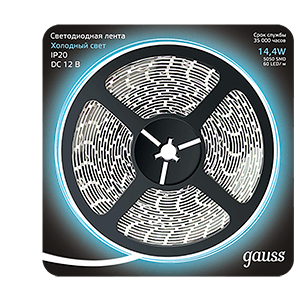 Gauss Лента LED 5050 -SMD 14.4W 12V DC холодный белый (блистер 5м) 312000314