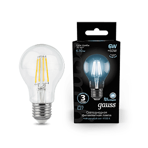 Gauss Лампа Filament А60 6W 630lm 4100К Е27 LED 102802206