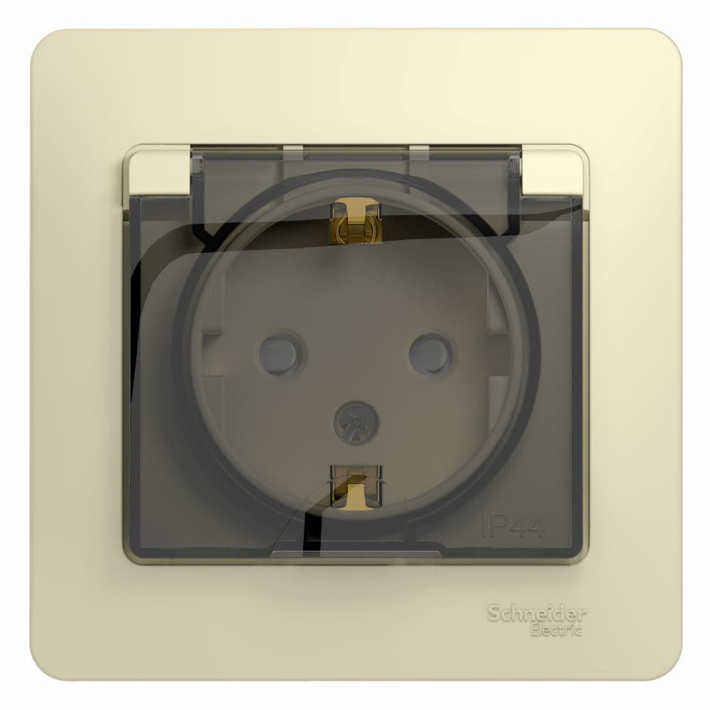 Systeme Electric Glossa Беж Розетка с/з со шторками с крышкой, IP44 (в сборе с рамкой)