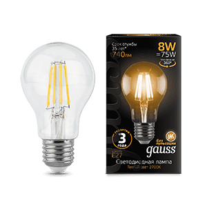 Gauss Лампа Filament А60 8W 740lm 2700К Е27 LED 102802108