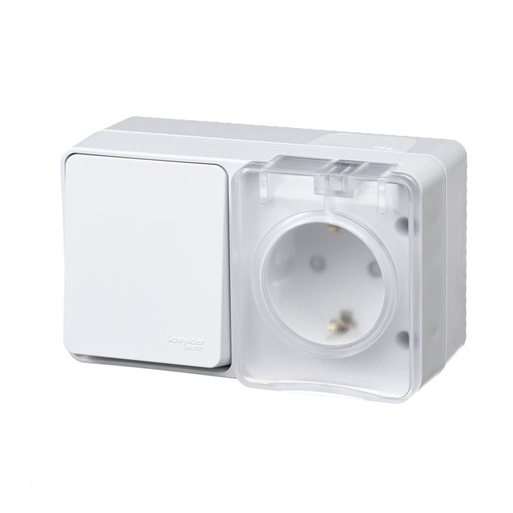 Systeme Electric AtlasDesign Profi54 Наруж Белый Блок: Розетка с/з со шт. + выключатель 1-клавишный 10А IP54