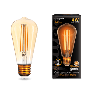 Gauss Лампа Filament ST64 8W 740lm 2400К Е27 golden LED 157802008