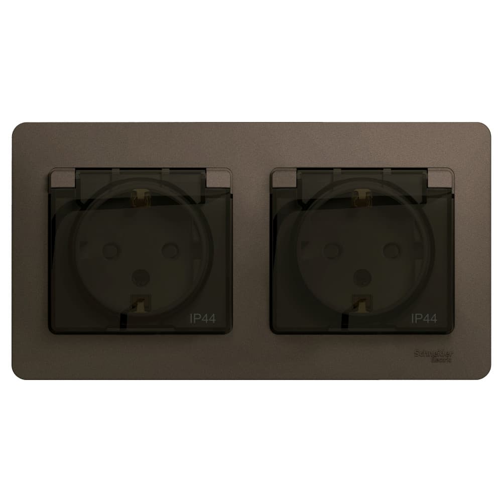 Systeme Electric Glossa Шоколад Розетка 2-ая с/з, со шторками, в сборе, IP44