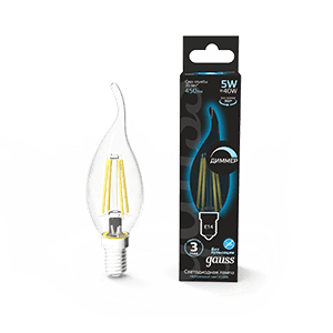 Gauss Лампа Filament Свеча на ветру 5W 450lm 4100К Е14 диммируемая LED 104801205-D