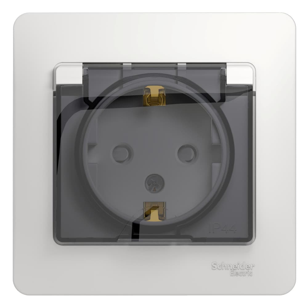 Systeme Electric Glossa Бел Розетка с/з со шторками с крышкой, IP44 (в сборе с рамкой)