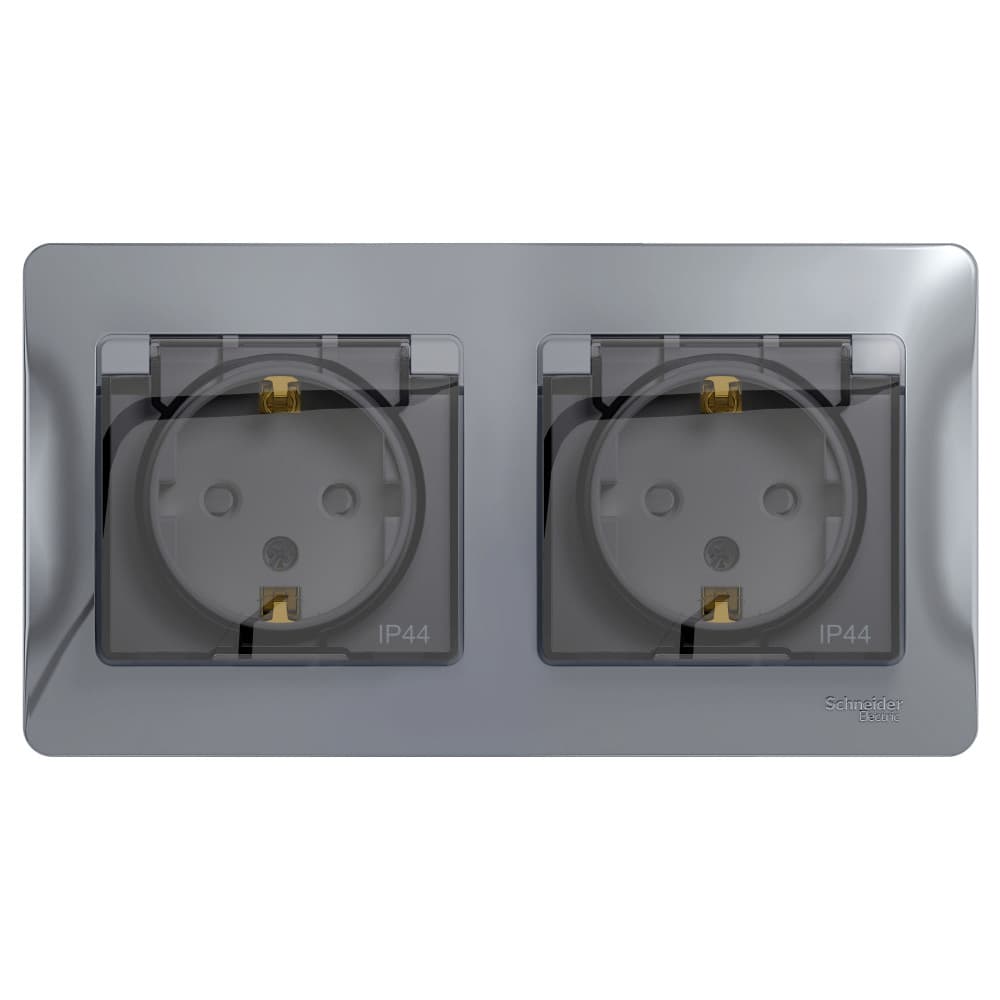 Systeme Electric Glossa Алюминий Розетка 2-ая с/з, со шторками, в сборе, IP44
