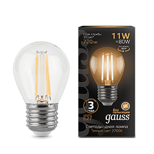 Gauss Лампа Filament Шар 11W 810lm 2700К Е27 LED 105802111