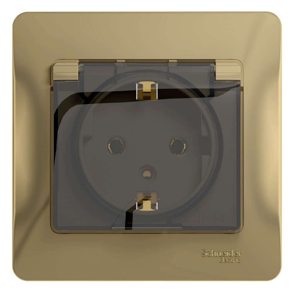 Systeme Electric Glossa Титан Розетка с/з со шторками с крышкой, IP20 (в сборе с рамкой)