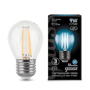 Gauss Лампа Filament Шар 9W 710lm 4100К Е27 LED 105802209