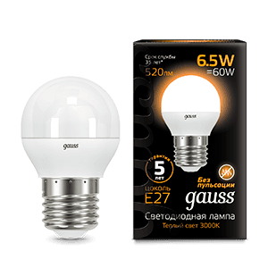 Gauss Лампа Шар 6.5W 520lm 3000K E27 LED 105102107