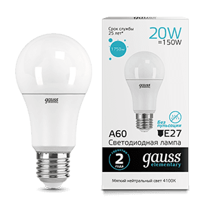 Gauss Лампа Elementary A60 20W 1600lm 4100K E27 LED 23229