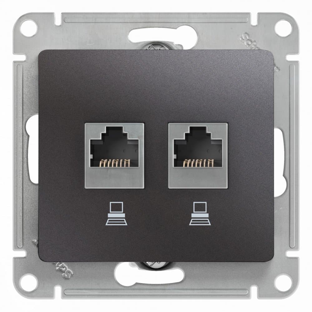 Systeme Electric Glossa Графит Розетка 2-ая компьютерная RJ45+RJ45, кат.5E
