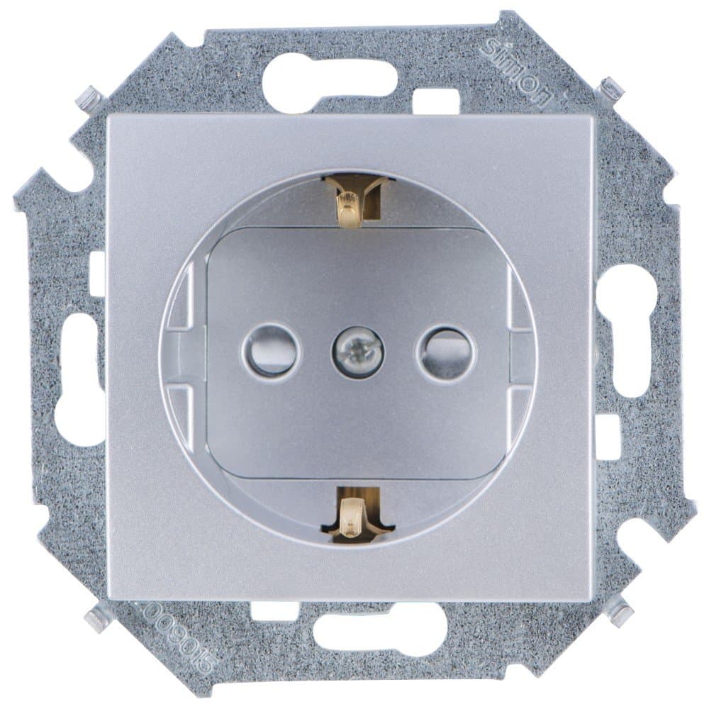 Simon 15 Алюминий Розетка с/з, со шторками, 16А, 250В, винт.зажим 1591443-033
