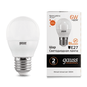 Gauss Лампа Elementary Шар 6W 420lm 3000K Е27 LED 53216