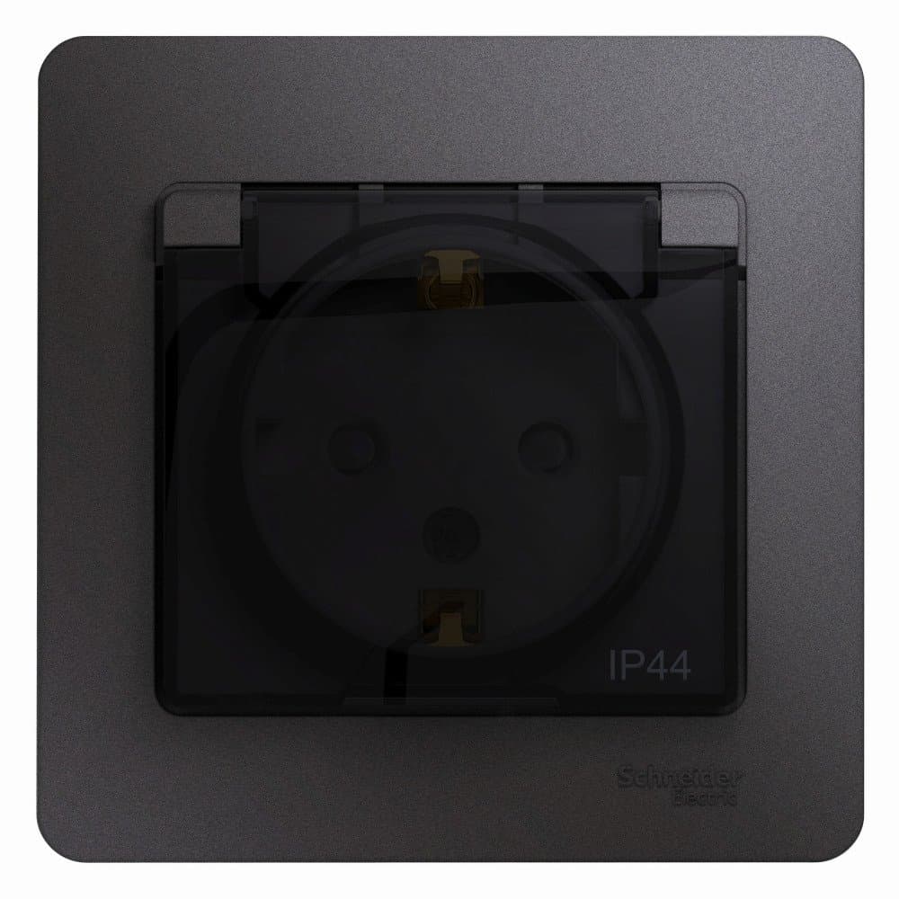 Systeme Electric Glossa Графит Розетка с/з со шторками с крышкой IP44 (в сборе)