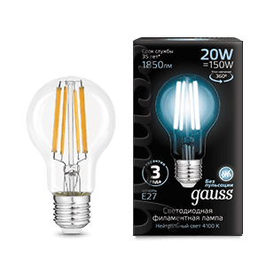 Gauss Лампа Filament А60 20W 1850lm 4100К Е27 LED 102902220
