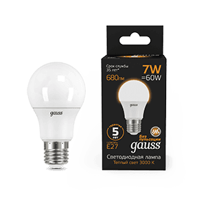Gauss Лампа A60 7W 680lm 3000K E27 LED 102502107