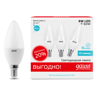Gauss Лампа Elementary Свеча 6W 450lm 4100K E14 (3 лампы в упаковке) LED 1/40 33126T