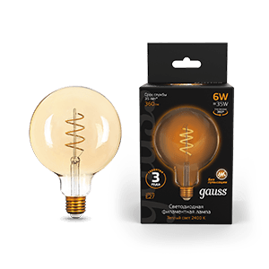 Gauss Лампа Filament G125 6W 360lm 2400К Е27 golden flexible LED 158802008
