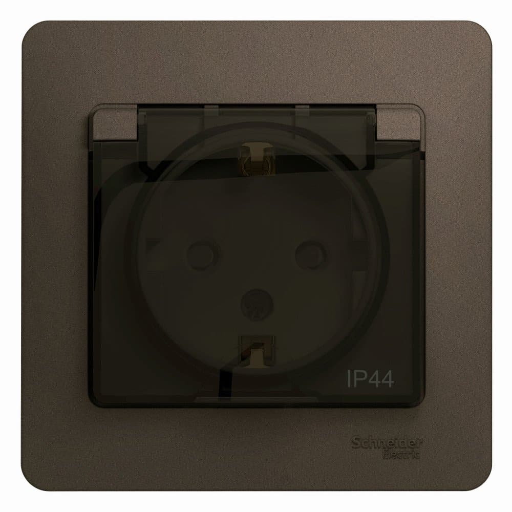 Systeme Electric Glossa Шоколад Розетка с/з со шторками с крышкой, 16А, IP44 (в сборе)