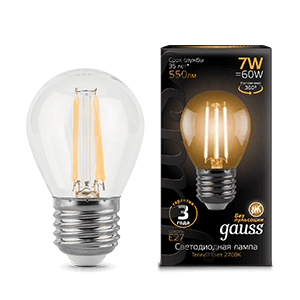 Gauss Лампа Filament Шар 7W 550lm 2700К Е27 LED 105802107