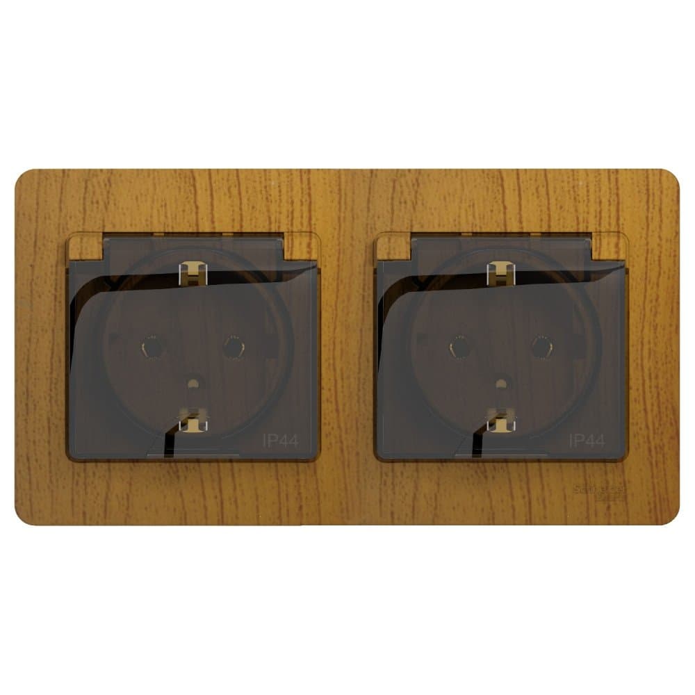 Systeme Electric Glossa Дерево Дуб Розетка 2-ая с/з, со шторками, в сборе, IP44