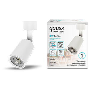 Gauss Светильник трековый цилиндр 8W 600lm 4000K 180-220V IP20 59*164мм белый линза 50º LED 1/50 TR089