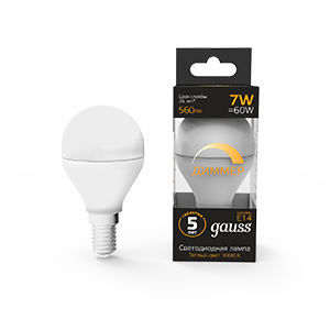 Gauss Лампа LED Шар-dim E14 7W 560lm 3000К диммируемая 105101107-D