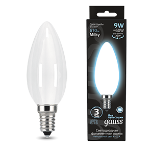 Gauss Лампа Filament Свеча 9W 610lm 4100К Е14 milky LED 103201209