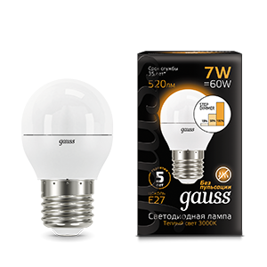 Gauss Лампа Шар 7W 520lm 3000K Е27 шаг. диммирование LED 105102107-S