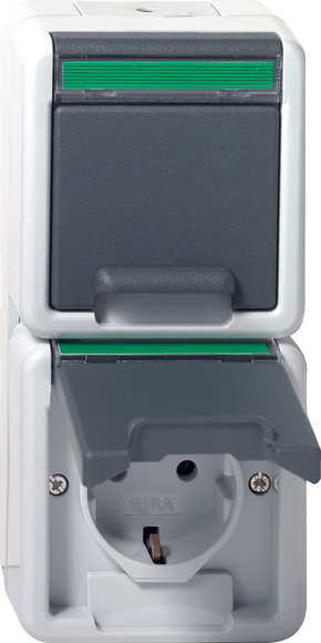 Gira Двойная розетка с з/к IP44. вертикальный блок с полем для надписи. устойчивая к парам аммиака 078530
