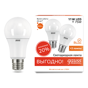 Gauss Лампа Elementary A60 11W 800lm 3000K E27 (2 лампы в упаковке) LED 23211P