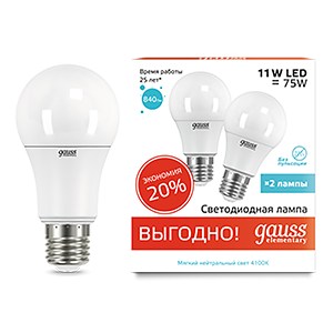 Gauss Лампа Elementary A60 11W 840lm 4100K E27 (2 лампы в упаковке) LED 23221P