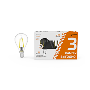 Лампа Gauss Filament Шар 7W 550lm 2700К Е14 LED (3 лампы в упаковке) 1/20 105901107T