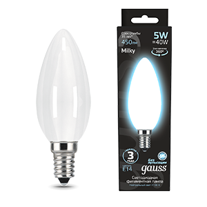 Gauss Лампа Filament Свеча 5W 450lm 4100К Е14 milky LED 103201205